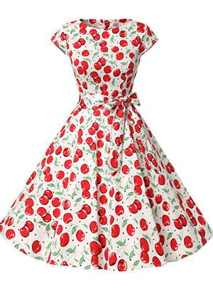 White Cap Sleeve Cherry Print Vintage Dress