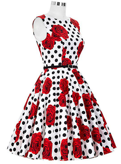 Women Polka Dot Red Flower Vintage Dress 
