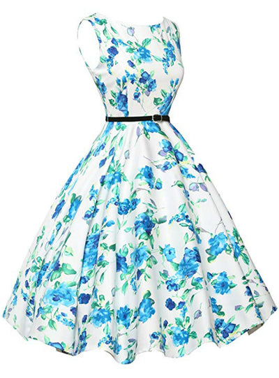 White Dress Blue Print Vintage Dress With Sash
