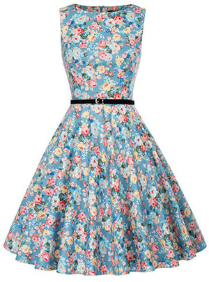 Blue Colorful Print Short Vintage Dress