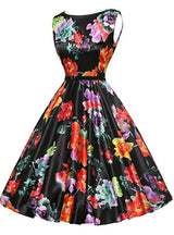 Women Black Print Sleevelss Vintage 1950s Dress