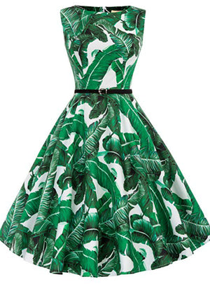 Green Leaf Print Short Women Vintage Dress