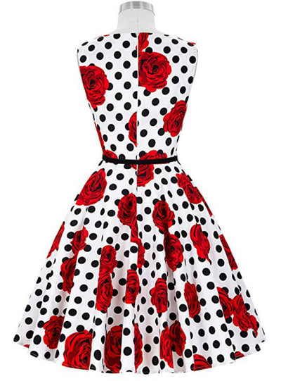 Women Polka Dot Red Flower Vintage Dress 