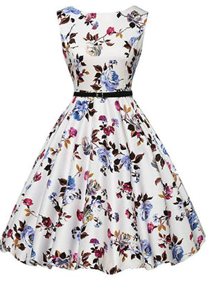 Women White Print Short Vintage Dress With Sash