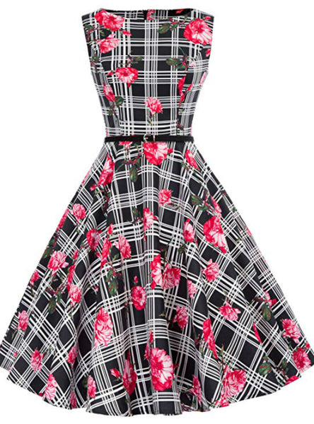 Black Pink Print Short Vintage Dress