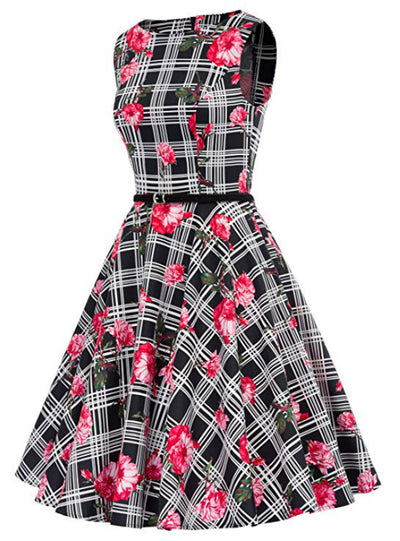 Black Pink Print Short Vintage Dress