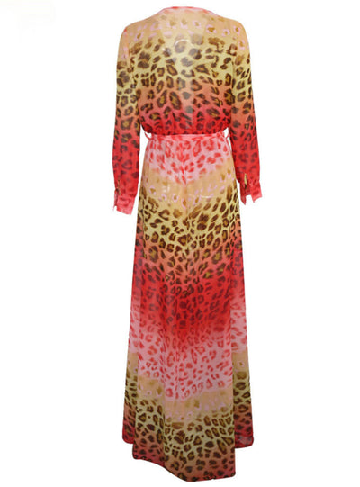 Deep V Long Sleeve Printed Seaside Holiday Split Dress