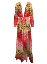 Deep V Long Sleeve Printed Seaside Holiday Split Dress