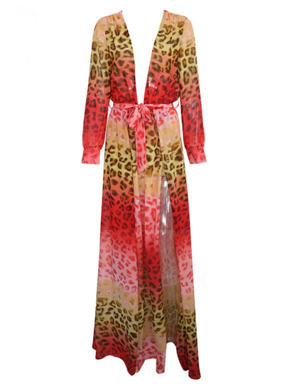 Deep V Long Sleeve Printed Seaside Holiday Split Dress