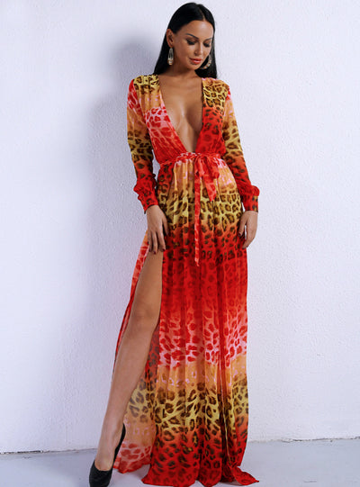 Deep V Long Sleeve Printed Seaside Holiday Split Dress