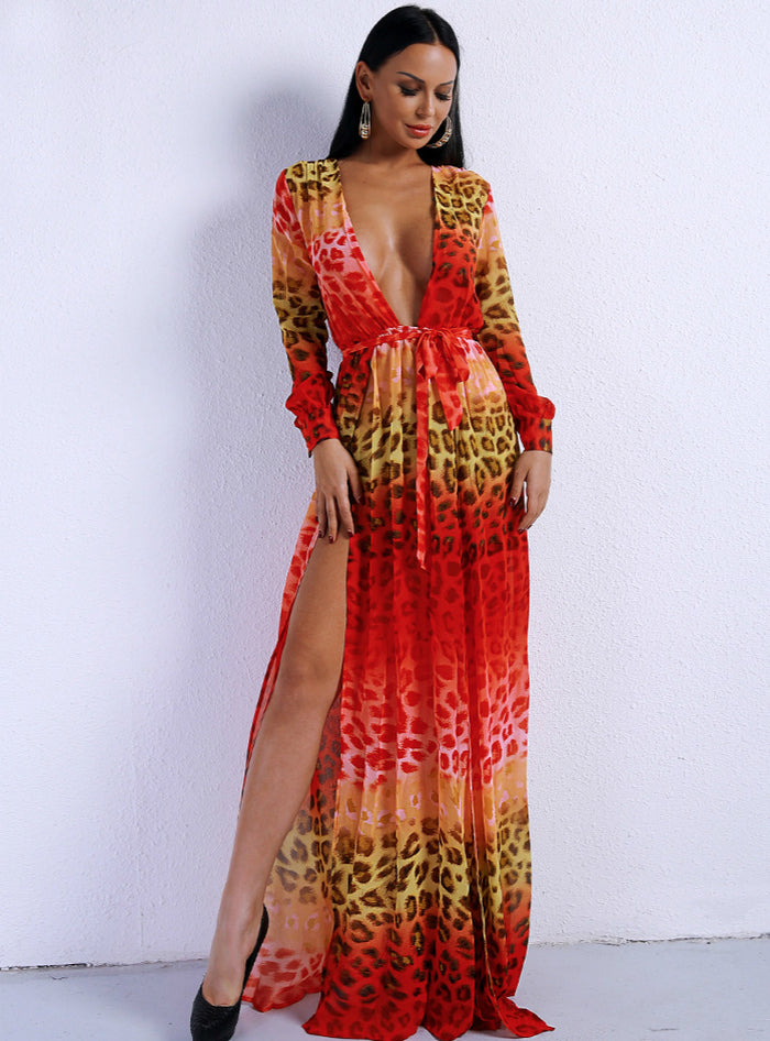 Deep V Long Sleeve Printed Seaside Holiday Split Dress