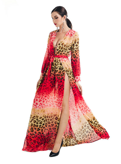 Deep V Long Sleeve Printed Seaside Holiday Split Dress