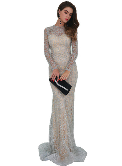 Long Sleeve Sexy Round Neck Perspective Sequins Party Dres