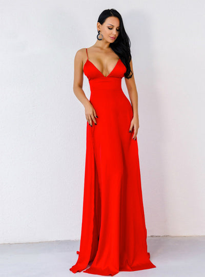 Deep V Sling Split Red Christmas Party Elegant Dress