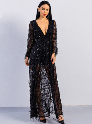 Sexy Long Sleeve Deep V Split Sequin Solid Color Dress