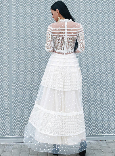 Perspective Stitching Long Sleeve Lace Gauze Wave Point Dress