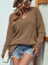 Solid Color V-neck Pierced Tassel Sweater