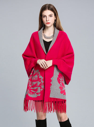 Jacquard Fringed Knitted Shawl Cloak Bat Sleeve Padded
