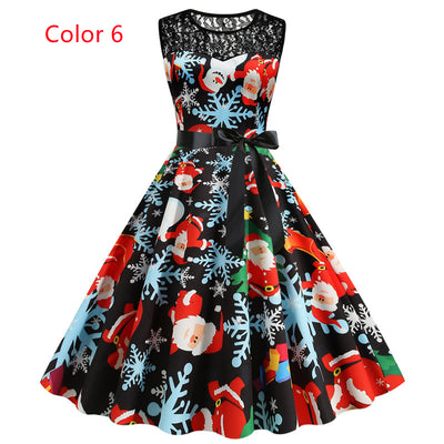Christmas Printed Lace Stitching Dress