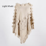 Fringe Fur Ball Beaded Round Neck Sweater Cloak