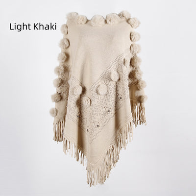 Fringe Fur Ball Beaded Round Neck Sweater Cloak