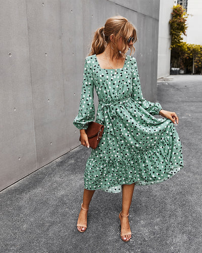 Printed Elegant Square Collar Dress