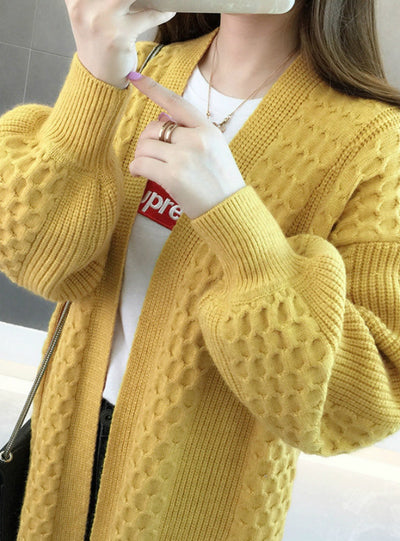 V neck Lantern Sleeve Open Stitch Loose Sweater Jacket