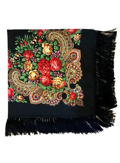 Square Scarf Cotton Long Tassel Print Scarf 