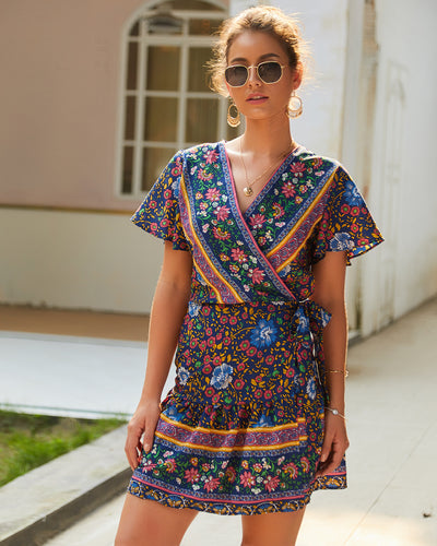 V-neck Sexy Bohemian Print Dress