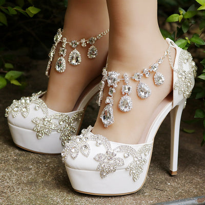 Women White Rhinestone Wedding Shoes