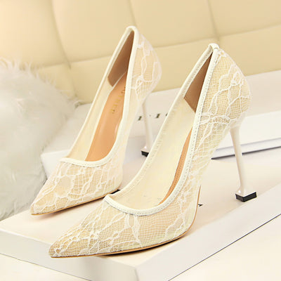 Lace Mesh Shallow Pointed High Heels