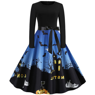 Halloween Printed Round Neck Long Sleeve Dress