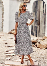 Silm Waist Round Neck Printed Dress