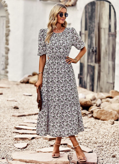 Silm Waist Round Neck Printed Dress