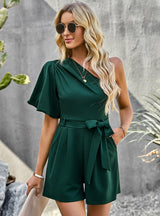 Solid Color One Shoulder Short Jumpsuit