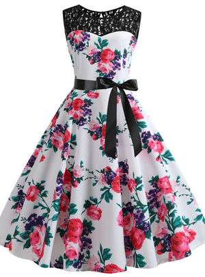 Retro Sleeveless Lace Stitching Print Dress