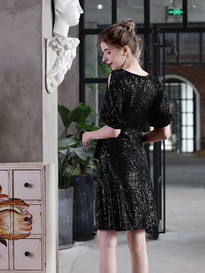 V-neck Short Sleeve Sequins Party Dress
