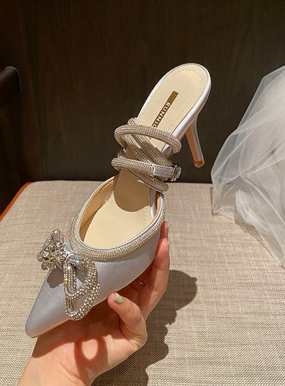 Pointed Buckle Rhinestone Bow Sandal