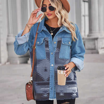Loose Geometric Pattern Denim Splicing Jacket