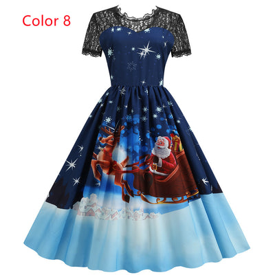 Christmas Short Sleeve Printed Lace Stitching Dress
