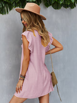 Round Neck Lotus Leaf Sleeve Solid Color Casual Dress