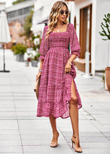 Bohemian Square Neck Long Sleeve Dress