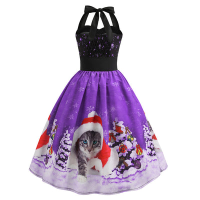 Retro Christmas Printed Halter Dress