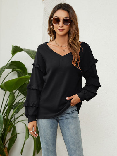 Women V-neck Lantern Sleeve Top