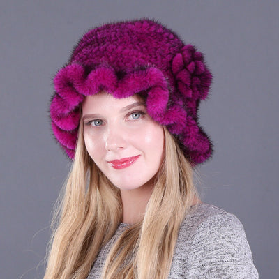 Mink Wool Woven Hat Mink Rose Hat