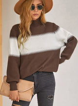 Collar Lantern Sleeve Stitching Color Contrast Sweater