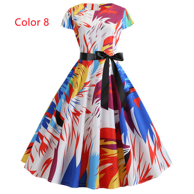 Retro Short Sleeve Printed Round Neck Dress