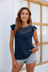 Round Neck Lace Pleated Casual Shirt