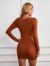 V-neck Long-sleeved Solid Color Dress