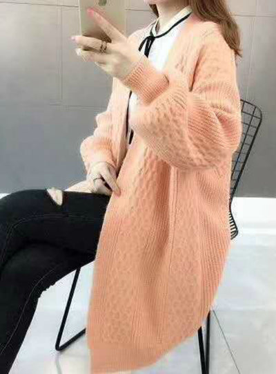 V neck Lantern Sleeve Open Stitch Loose Sweater Jacket